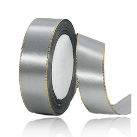 Silver Satin Ribbons 1 Inch x 25 Yards, Grey Fabric Ribbon with Gold Edges Border for Gift Wrapping, DIY Crafts, Floral Bouquets, Hair Bows, Sewing Projects, Baby Shower and Wedding Party Decorations