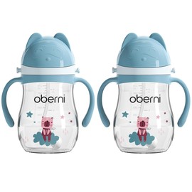 Oberni Baby Sippy Cup with Handle & Strap, Non-Spill Water Bottle for 6 12 Months + Toddlers, BPA-Free | Tritan | Dishwasher Safe | Leak Proof Valved Spout | Click Lock Tip | 270ml 9oz | Blue|2 Pack