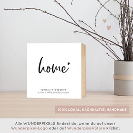 Wunderpixel® Holzbild home Koordinaten - personalisiert mit Namen - 15x15x2cm zum Hinstellen/Aufhängen, echter Fotodruck auf Holz - Wand-Bild Aufsteller Zuhause Dekoration Geschenk-Idee Familie