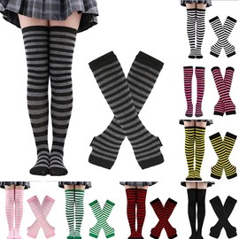 Womens Striped Knee High Socks Leg Arm Warmer Fingerless Gloves Set Party Cosplay Costume Accessories (Black grey stripe)