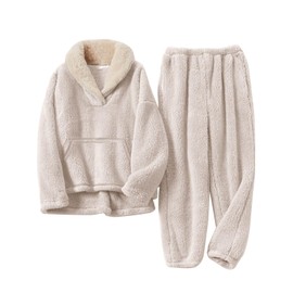 Flygo Girls Fuzzy Pants Set Fleece Outfits Winter Flannel Loose Fluffy Pullover Sweatshirt Top Pants Sweatsuit(Beige-S)