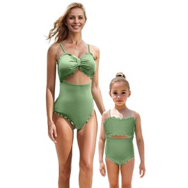 IFFEI Mommy and Me Swimsuits Women's One Piece Cutout Scallop Trim Monokini Family Matching Swimwear Bathing Suits Green Baby Girls: 9-12 Months