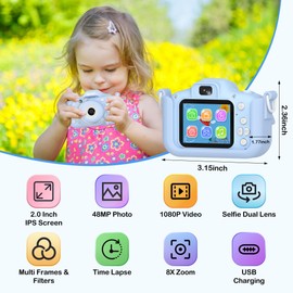 Contixo KC3A Kids Digital Camera - 1080P Toddler Camera with Selfie Mode, Games, Sound Recording, 8X Zoom, 32GB SD Card, USB-C Rechargeable Educational Toy for Boys Girls Ages 3-8, Blue