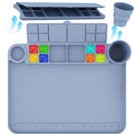 Silicone Painting Mat with Cup and Palette Removable, 17"X13" Thick Silicone Art Mat for Craft with Raised Edge for Resin DIY Making, Gray
