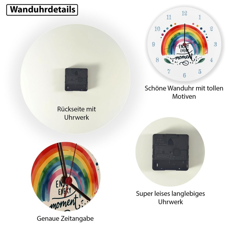 speecheese Rainbow Wall Clock Aluminium with Saying Enjoy Every Moment