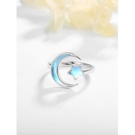 Zhi Kexin Moonstone Moon and Star Ring for Women 925 Sterling Silver Adjustable Open Band Finger Rings Fashion Jewelry Gifts, Sterling Silver Moonstone, Moonstone