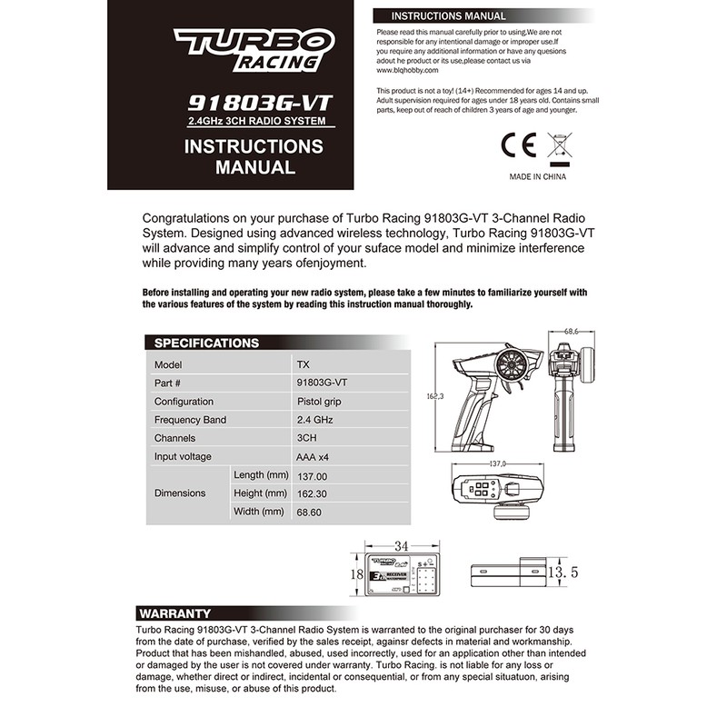 2.4GHz 3CH Radio Transmitter and Receiver Remote Controller for Car