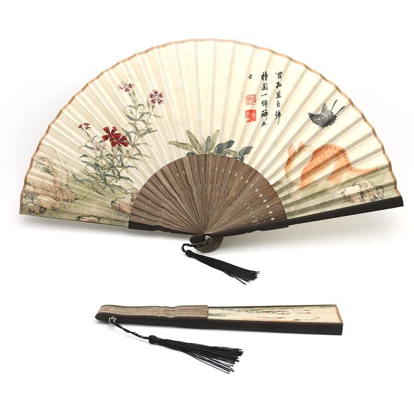 1SourceTek Silk Hand Held Folding Fans 8.27 inches (21cm) Women Hand Held Folding Fans With a Fabric Sleeve Protection for Gifts - Chinese Retro Style (Cat)
