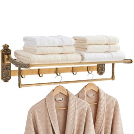 Otoolling Brass Foldable Towel Rack with Hooks, Foldable Wall Mounted Bathroom Shelf Towel Bars Antique Gold Aluminum Rail Holder for Bathroom, Entryway, and Kitchen(2-Tier Vintage Style,24")