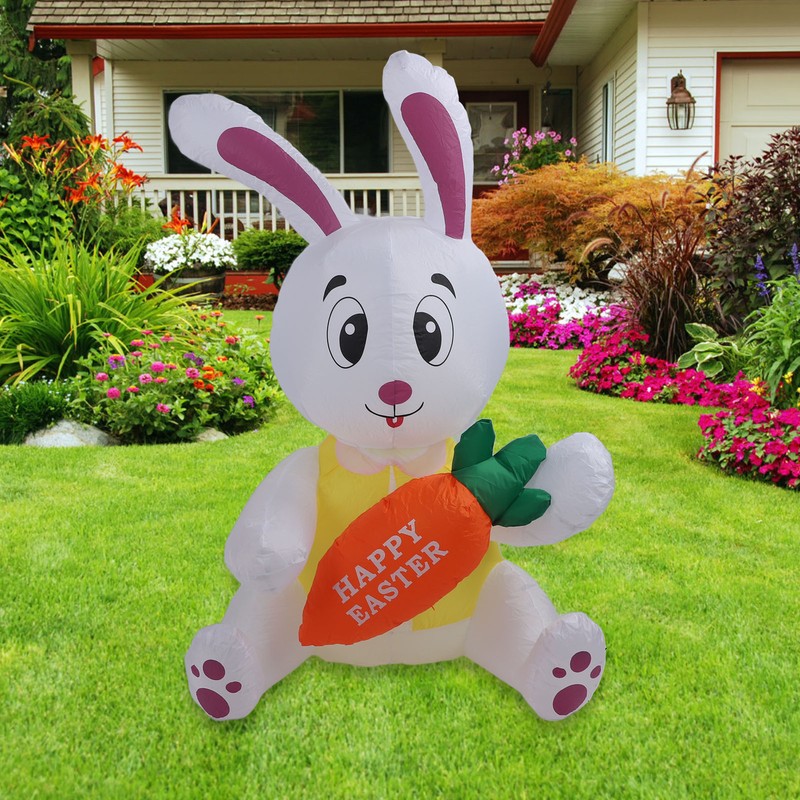 59.8in Inflatable Happy Easter Bunny Decoration Inflatable Rabbit Sitting Holding