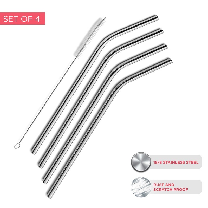 SipWell Stainless Steel Drinking Straws Set of 4, Curved metal