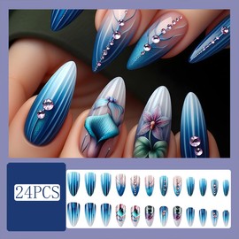 Blue Gradient Press on Nails Almond French Tip Fake Nails Medium False Nails Spring Summer Flowers Acrylic Nails Glossy Rhinestones Glue on Nails Full Cover Stick on Nails for Women Girls 24Pcs