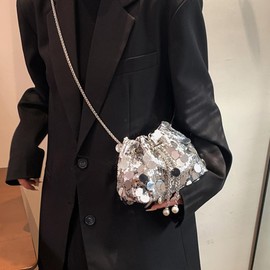 Octwine Shinny Evening Sequin Bag Bucket Purse Handbag Shoulder Bags Crossbody Bag Party Prom Crossbody Bag for Women, Silver