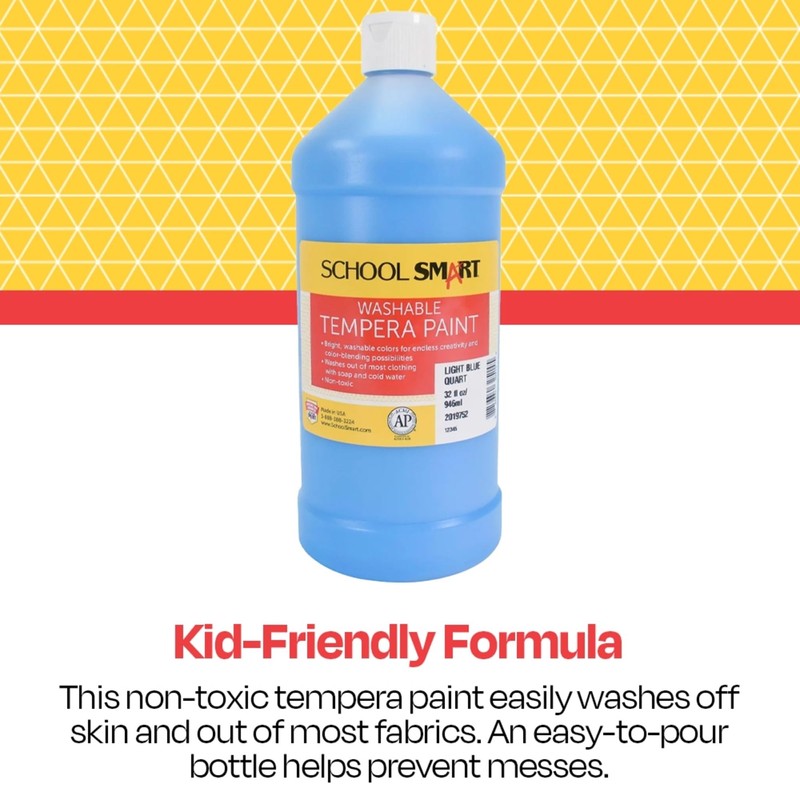 School Smart Washable Tempera Paint, Light Blue, 1 Quart Bottle
