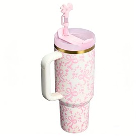 40 oz Tumbler with Handle and Straw,40 oz Stainless Steel Insulated Bow Water Bottles with Lid and Straw Coquette Bowknot Travel Birthday Gifts for Women Friend Holiday-Baby Bow Pink Peppermint