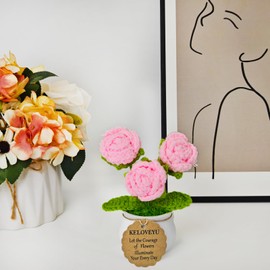 KELOVEYU Crochet Flowers Bouquet Rose Crochet Potted Plants Knitted Flowers Pots Cute Desk Decor Car Dashboard Home Office Decor Mothers Day Valentines Day Birthday Gifts (Pink)