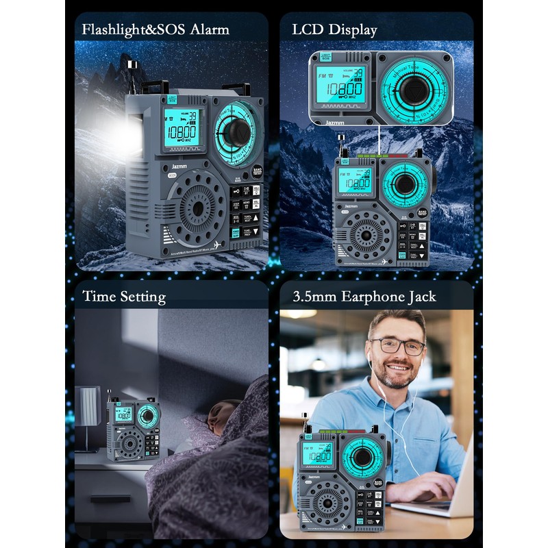 Jazmm Portable Shortwave Radio with 5W Bass Sound, AIR/AM/FM/VHF/SW/WB Worldband