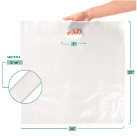 100 Pack 20" x 20" with 2 mil Thick Extra Large White Merchandise Plastic Glossy Retail Bags | Die Cut Handles | Perfect for Shopping, Large Packages, Children toys | Color White | 100% Recyclable