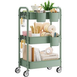 YASONIC 3-Tier Rolling Cart, Green, 66 Pounds Capacity, Mesh Storage Organizer with Lockable Wheels, 3 Hanging Cups, 4 Hooks, Easy Assembly, for Kitchen, Bathroom, Laundry, Grocery