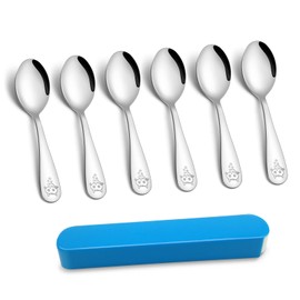 TEAMFAR Children's Cutlery Set, 6 Pieces Stainless Steel Polished Children's Spoon with Cat Engraving, Children's Cutlery Set from 1-3 Years, Toddler Spoon Set with Travel Case for Boys and Girls,