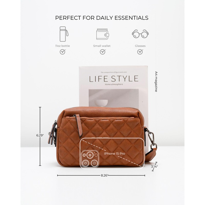Alldaily Small Triple Zip Crossbody Purse for Women, Leather Phone