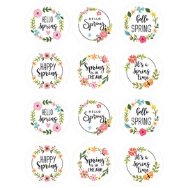 Lucleag Hello Spring Stickers for Kids, Round Spring Flower Wreath Stickers Happy Spring Stickers for Candy Goodies Envelope Seals Gift Cards Stickers Spring Party Favor Decor, 360PCS