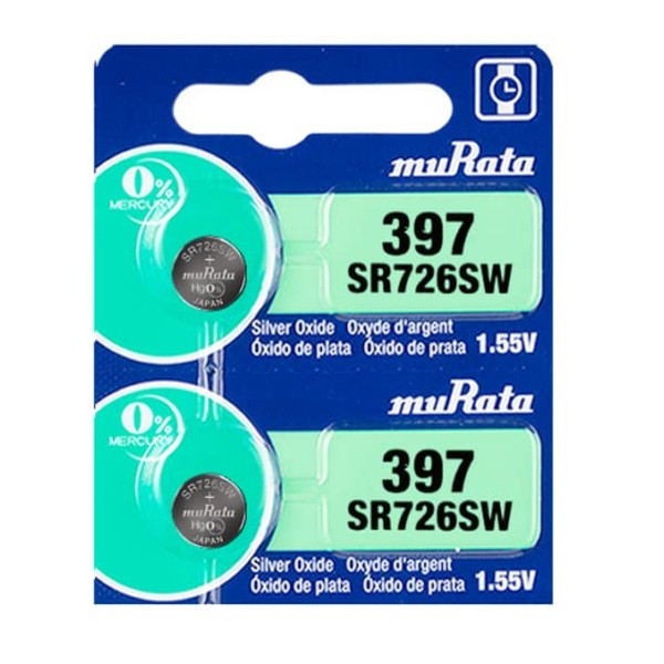 Murata 397 SR726SW Battery 1.55V Silver Oxide Watch Button Cell - Replaces Sony 397 (2 Batteries)