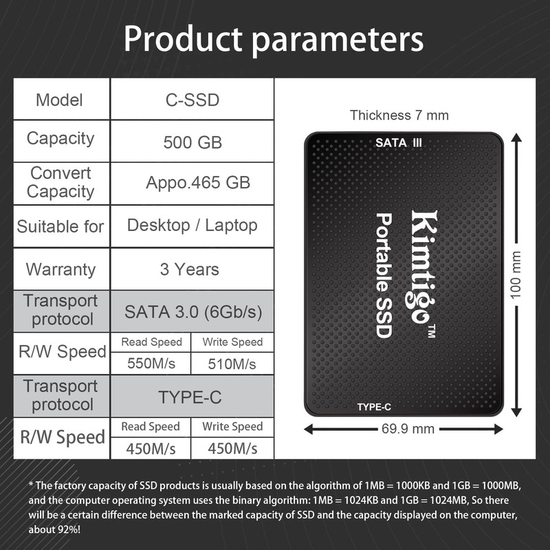 kimtigo 2.5 Inch Internal SSD 500G Multi-Purpose Portable External Mobile