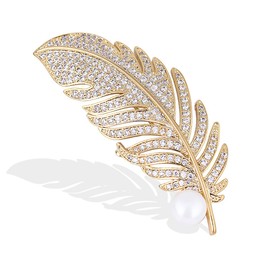Rhinestone Feather Brooch Pin for Women Elegant Crystal Exquisite Leaf Brooch Gold Silver Crystal Feather Leaf Pearl Brooch Lapel Pins Clothing Bag Hat Dress Jewelry Accessories Birthday Wedding Dance Party Jewelry (Gold1)