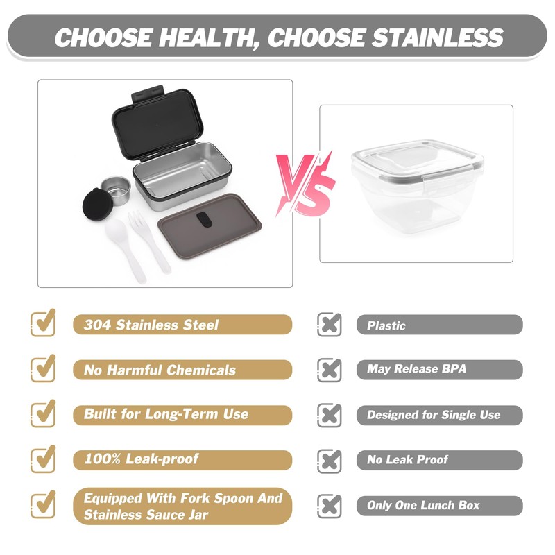Reeple Stainless Steel Lunch Box, Leak-Proof Metal Bento Box with