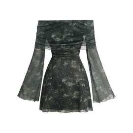 Verdusa Women's 70s Vintage Floral Off The Shoulder Dress Foldover Long Sleeve Bodycon Mini Dress Green Medium