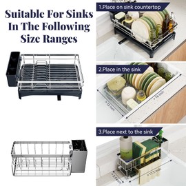 Azevix Dish Drying Rack for Kitchen Counter - 304 Stainless Steel Dish Drainers Rustproof with Sponge Holder, Large Utensil Holder with Drainboard Space Saving Kitchen Sink Organizer，Silver