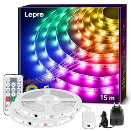 Lepro Lepro MagicColor LED Strip 15M(2x7.5M), 450 LEDs Streifen Lichterkette DreamColor, Lichterkette MagicColor, Musik Band mit Fernbedienung, Lichtband Wasserdicht IP65, MagicColor Dimmbar Lichtleiste