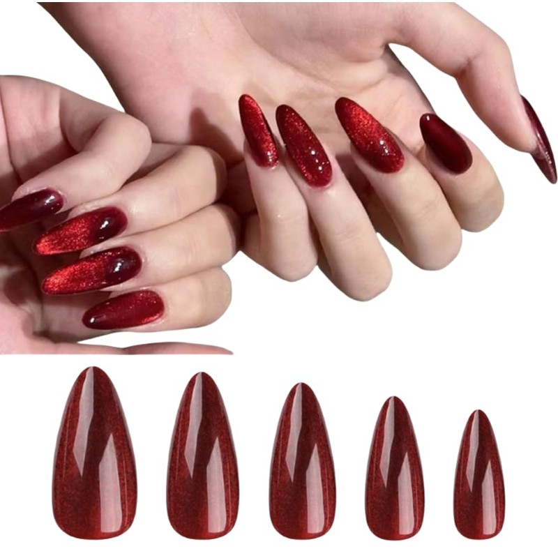 Künstliche Nägel zum Aufdrücken, kurz, Rot, Glitzer, mittellang, oval, vollständige