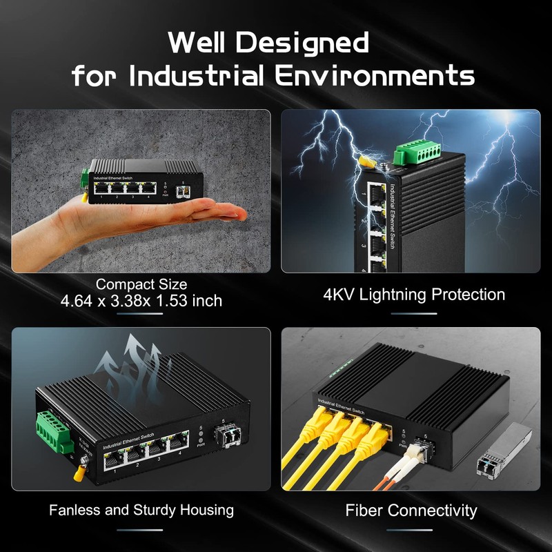 5 Port Gigabit PoE Industrial Switch, IEEE802.3af/at Ethernet, 1 SFP