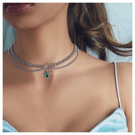 Inilbran Boho Layered Emerald Necklace Choker Vintage Green Crystal Necklace Teardrop Emerald Gemstone Choker Necklace Silver Curb Chain Necklace Jewelry for Women and Girls