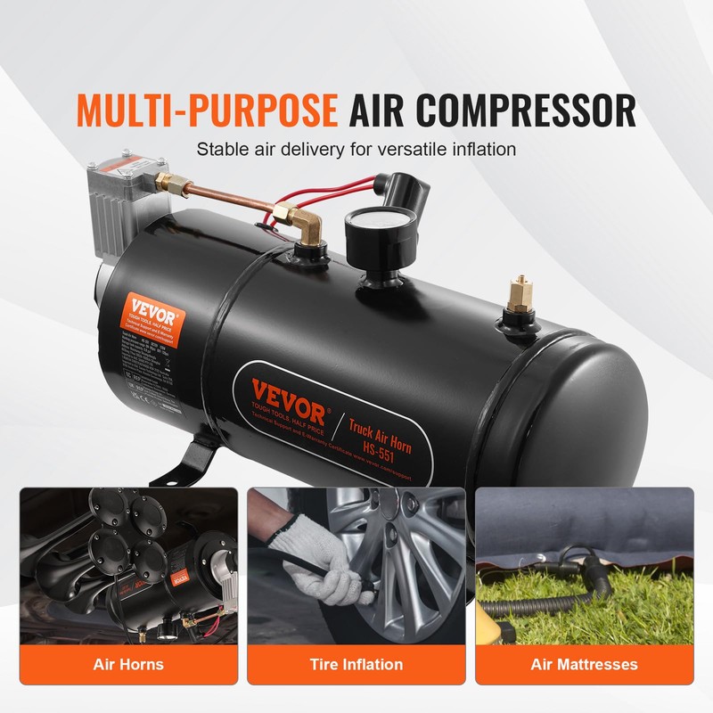 VEVOR 12V Air Compressor with Tank 0.8 Gallon/3 L, Train