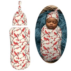Muishi Cardinal Red Birds Newborn Swaddle Blankets Hat Sets Soft Baby Receiving Blanket Swaddle Sack for Baby Shower Infant Boy Girl Gift