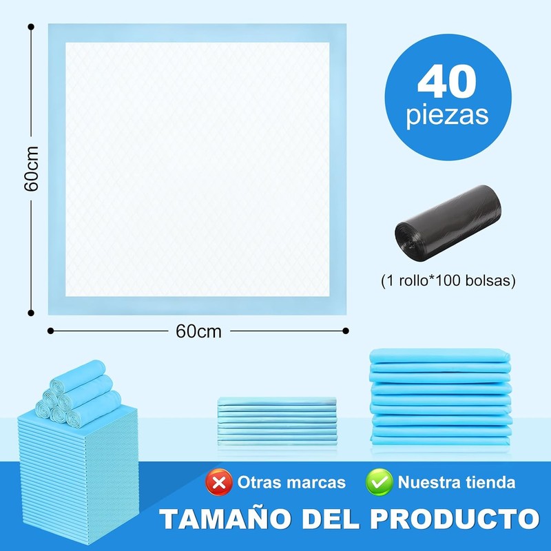 Pañales para Perro 40P, Tapetes Entrenadores 60x60cm, 6 Capas Antifugas