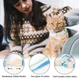 ARING PET 2 Pack Cat Collar-Cute Cotton Cat Collar with Bell & Pendant, Adjustable Blue Green Kitten Collars with Safety Buckle for Girl and Boy Pets