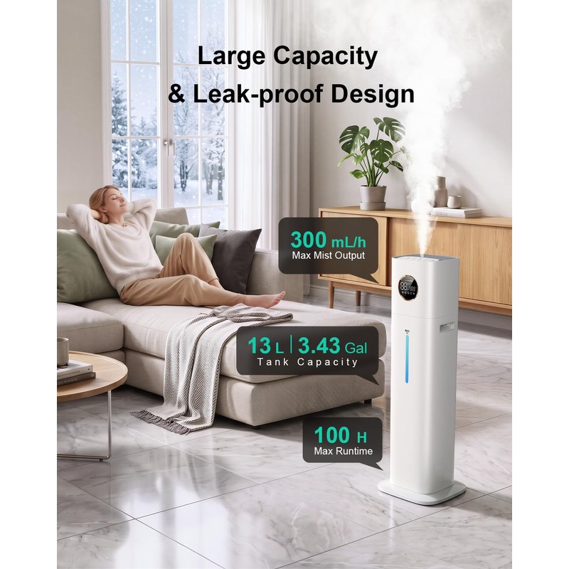 Cool Mist Humidifiers for Large Room 800ft²,13L 100H Runtime, 25dB