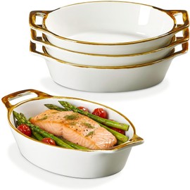 ONEMORE Au Gratin Baking Dish Oval Ceramic White Small Casserole Dish Oven Safe Baking Dishes for Oven Individual Serving Dishes Mini Casserole Dish Set of 4 for Lasagna Quiche, 6x8, 20 oz, Brown Rim