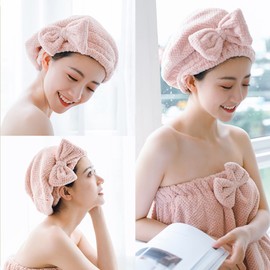 ALLMIRA Towel Cap, Set of 2, Hair Cap, Adult, Water Absorbent, Quick Drying, Hair Drying, Hahoniko, Bath, Bowknot, Hair Towel, Cute, Thick, Hair Dry Cap, Cap Towel, Women's (Pink + Brown)
