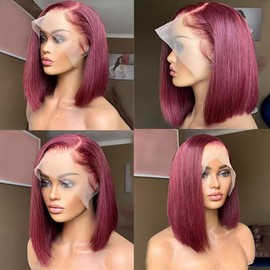 16 Inch 99J Burgundy Bob Wig Human Hair 13X4 Straight HD Transparent 99J Burgundy Red Bob Lace Front Wigs Human Hair Wear and Go Glueless Wig Pre Plucked With Natural Hairline Bob Wigs For Black Women