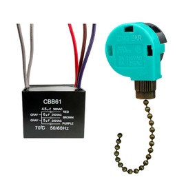 YukiHalu Ceiling Fan Pull Chain Switch 3 Speed 4 Wire, Ceiling Fan Capacitor CBB61 4.5uf + 6uf + 5uf 5 WIRE 250V, Light Switch for Fan and Light (Antique)