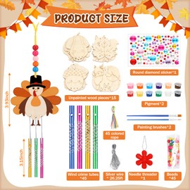 Wonderjune 117 Pcs Fall Wind Chime Craft Kit for Kids Make Your Own Thanksgiving Wooden Paint Art Ornaments Decoration Autumn Pumpkin DIY Coloring Painting Craft for Adults Party Activities Supplies