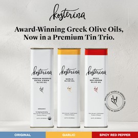 Kosterina Olive Oil Trio – Spicy Red Pepper, Garlic & Original EVOO | Made with Polyphenol Rich Greek Olive Oil, Cold-Pressed from Koroneiki Olives | Product of Greece (3x16.9 oz)