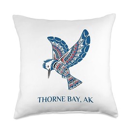 Thorne Bay AK PNW Native American Kingfisher Bird Thorne Bay Alaska Kingfisher Native American Indian Bird Throw Pillow, 18x18, Multicolor