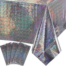 4 Pack Iridescence Plastic Tablecloths Shiny Disposable Laser Rectangle Table Covers Holographic Foil Tablecloth Iridescent Party Decoration Birthday Bridal Wedding Christmas 54" x 108"(Silver)