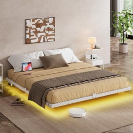 WLIVE Floating King Bed Frame, LED Bed Frame with Charging Station, Metal Platform Beds King Size with Heavy Duty Steel Slats, No Box Spring Needed, Easy Assembly, No Noise, White
